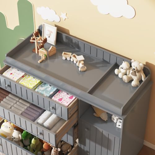 Grey Changing Table Dresser with 4 Drawers, Baby Nursery Diaper Table