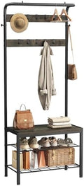 Hall Tree with Bench and Shoe Storage, 4-in-1 Entryway Organizer with 10 Hooks and Storage Shelf,Coat Rack Freestanding with 2-Tier Storage Shelf for Living Room, Bedroom Gray