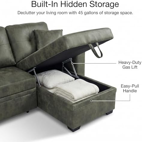 TYBOATLE Convertible Sofa Bed Couch with Reversible Storage Chaise, 71" L Shaped Pull Out Couch Bed, Comfy Linen Fabric Sleeper Sofa for Living Room, Apartment & Guest Room (Green)