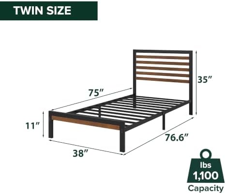 Zinus Kai Bamboo and Metal Platform Bed Frame, Sturdy Steel Frame, Twin