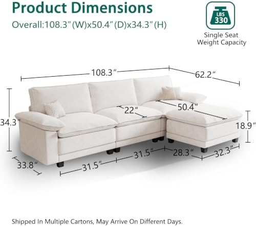 108" Modular Sectional Couch, L Shaped Cloud Sofa for Living Room