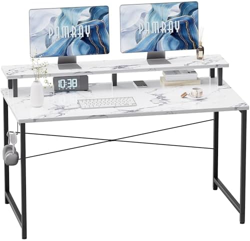 Pamray 47 Inch Small Computer Desk with Monitor Stand, Simple Office Desk with Headphone Hook for Small Spaces, Kids Study Writing Table for Bedroom, Marble