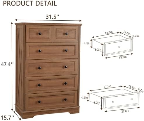 Farmhouse 6 Drawers Dresser Chests for Bedroom, Natural Oak Wood Dressers