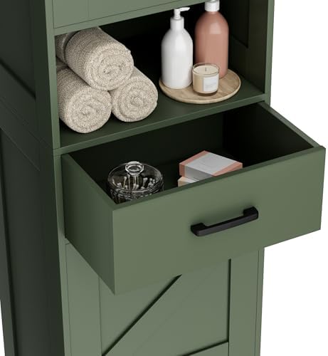 Homhedy 67" H Tall Bathroom Storage Cabinet with Barn Doors and Drawer | Narrow Storage Unit with Adjustable Shelves, Floor Cabinet for Bathroom, Living Room, Entryway or Kitchen, Green, 15.7" W