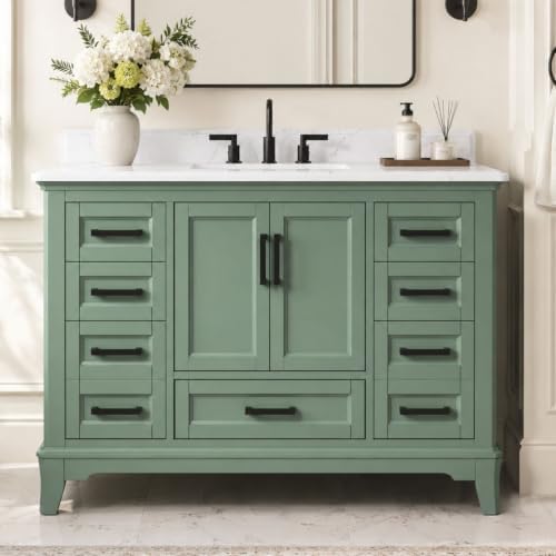 48 Inch Fully Assembled Bathroom Vanity with Sink, Sage Green | Modern Solid Wood Freestanding Vanity for Bathroom, Quartz Top & Backsplash, Soft-Close Doors, Dovetail Drawers, Bath Upgrade