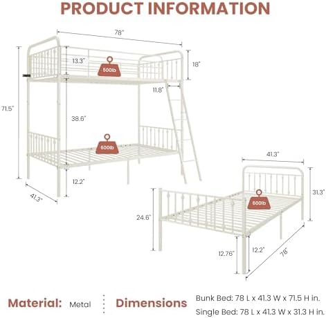 SHA CERLIN Convertible Twin Over Twin Bunk Bed, CPC Certified,White