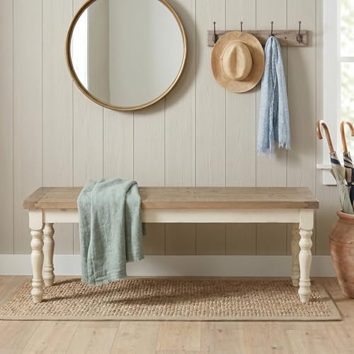 Roundhill Furniture Prato 6-Piece Dining Set, Dining Table with 4 Cross Back Chairs and Bench, Antique White and Distressed Oak Finish