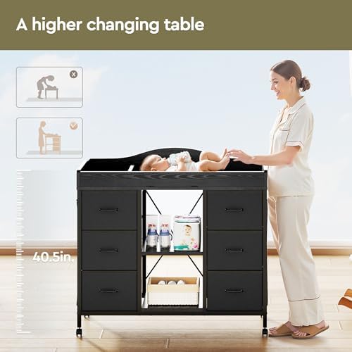 YeTom Changing Table, 6-Drawer Dresser, Adjustable Shelves, Mobile, Black