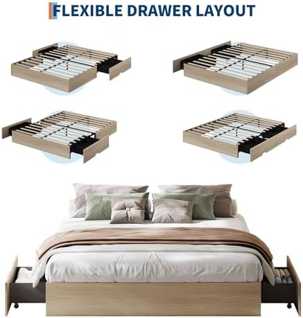 GarveeHome Wood Platform Bed Frame, King Bed Frame with 2 Drawers