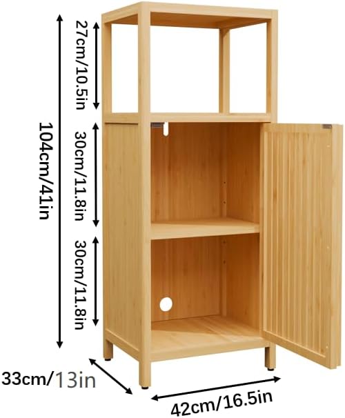 41" Tall Bamboo Storage Cabinet, Slim Freestanding Floor Organizer with Single Door & Open Shelf, Narrow Linen Tower for Bathroom, Bedroom, Kitchen, Laundry Room, Pantry, Small Space Storage Solution