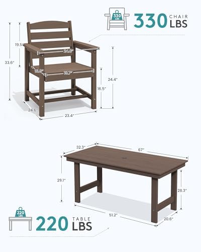 SERWALL HDPE Dining Set with Umbrella, Outdoor Dining Set for 6, Coffee