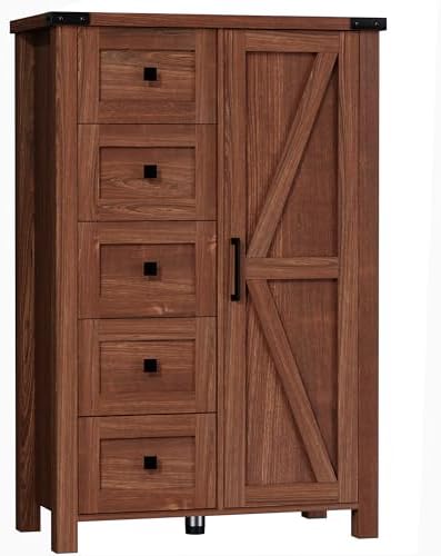 VVFLU Farmhouse 48 Inch Tall Dresser Chest of Drawer for Bedroom, 5 Drawer Storage Cabinet with Barn Door, Adjustable Shelves, Rustic, for Living Room, Entryway, Hallway, Cherry Wood