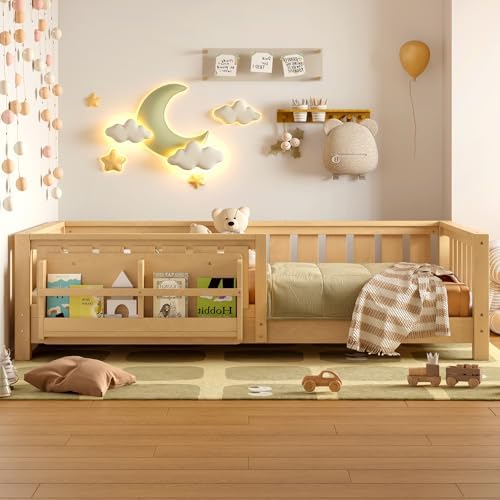 Bellemave Twin Floor Bed with Slats and Safety Guardrail, Twin Size Montessori Floor Bed with Fence and Built-in Bookshelf, Easy Assemble Montessori Beds for Kids, Girls, Boys, Light Natural
