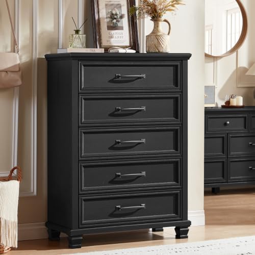 SAVOR LIFE Farmhouse 5 Drawer Dresser for Bedroom, Black