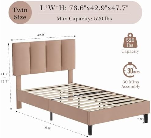 VECELO Twin Size Bed Frame with Upholstered Headboard, Coffee