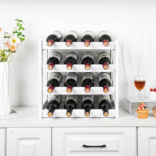VASMIA Wine Rack, 4-Tier Bamboo Wine Racks Countertop,Sturdy and Durable Wine Storage Cabinet Shelf,16 Bottles Wine Holder for Kitchen Pantry, White