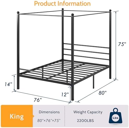 Lutown-Teen King Size Canopy Bed Frame, Four Poster Metal Frame, Black