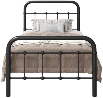 Allewie Twin Metal Bed Frame with Victorian Iron-Art Headboard, Black