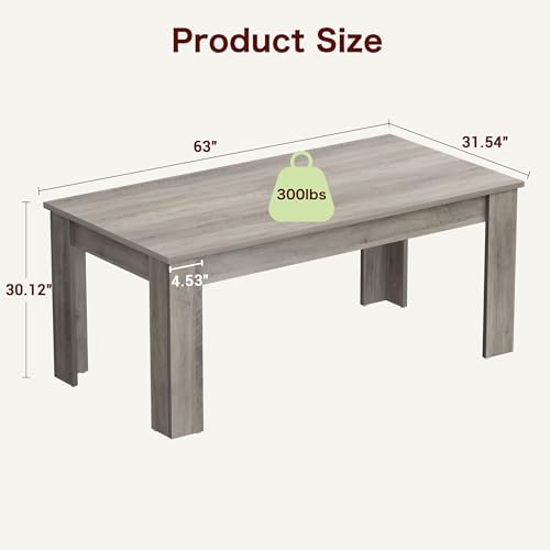 63" Farmhouse Dining Table for 4-6 People, Rectangular Kitchen Table, Rustic Wood Dinner Table for Dining Room and Living Room, Sturdy Country Table for 4 to 6, 300 lbs Capacity, Retro Gray