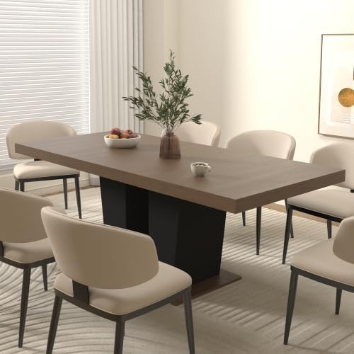 Extendable Dining Table for 6 to 10 People, 63" to 79" Expandable Kitchen Table, Modern Wood Large Dining Room Table(Black Base with Brown Tabletop, Pedestal Base B)