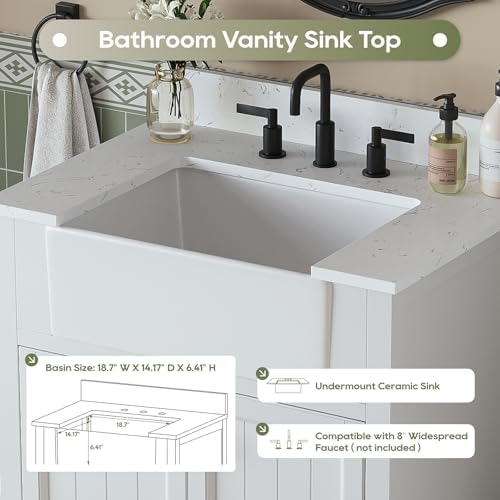30 Inch Bathroom Vanity with Apron Farm Sink, White | Solid Wood Fully Assembled Bathroom Sink Cabinet, Farmhouse Single Sink Bathroom Vanity with Soft Close Doors, Stone Top