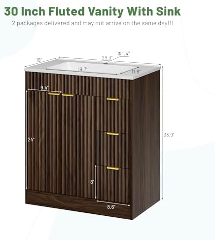 CARPETNAL 30 Inch Bathroom Vanity with Sink, Walnut. | Modern Fluted Bathroom Vanity with Sink with Storage Cabinet, Adjustable Shelf and 2 Soft Closing Doors & 3 Drawers.