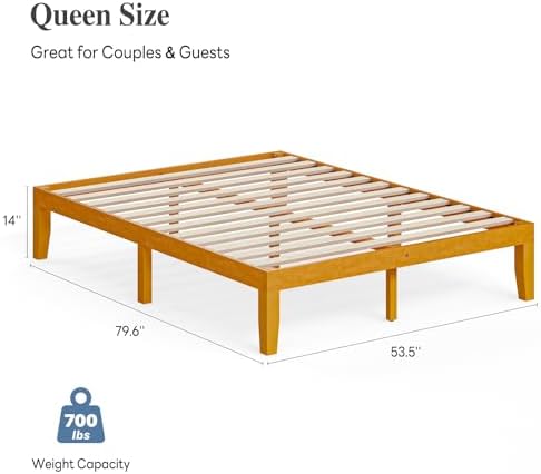 DUMOS 14 Inches Queen Size Wood Platform Bed Frame, Solid Wooden Mattress Foundation with Heavy Duty Wood Slat Support, Sturdy, No Box Spring Needed, Natural Pine