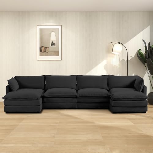ROWHY 148'' Modular Sectional Cloud Couch with 2 Movable Ottomans, Oversized 6 Seat Modern Corduroy Sofas, Deep Seat U Shaped Couch for Living Room Bedroom Apartment,Black