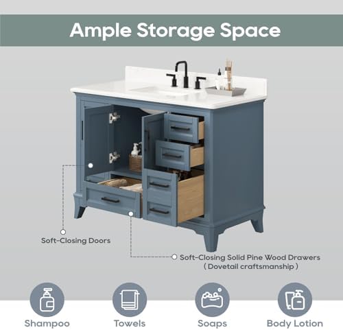 48 Inch Bathroom Vanity with Sink, Modern Steel Blue Bathroom Vanities with Soft Closing Doors & Dovetail Drawers, Quartz Countertop, No Assembly Required