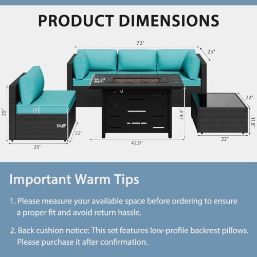 Shintenchi 6 Piece Outdoor Patio Furniture Set with 43 Inch Propane Fire Pit, Washable Cushions, Glass Coffee Table, Waterproof Cover & CSA Certified for Backyard Poolside, Black PE Rattan/Blue