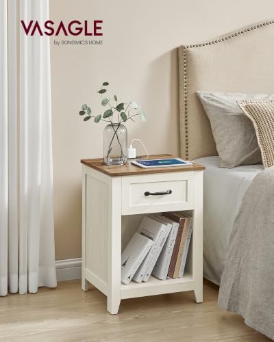 VASAGLE Farmhouse Nightstands with Charging Station, 1 Drawer, Set of 2