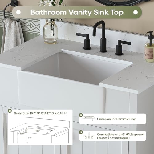36 Inch Bathroom Vanity with Apron Farm Sink, White | Solid Wood Fully Assembled Bathroom Sink Cabinet, Farmhouse Single Sink Bathroom Vanity with Soft Close Doors, Stone Top