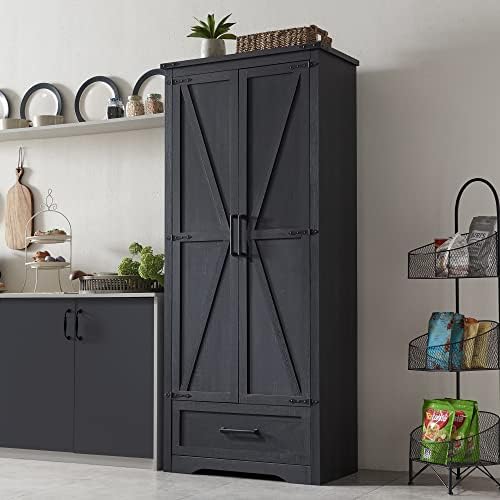 Farmhouse Kitchen Pantry Cabinet - 72" Tall Wood Kitchen Storage Cabinets with Adjustable Shelves & 2 Barn Doors & Drawer, Versatile Storage for Dining Room, Bathroom, Utility Room, Antique Black | Large