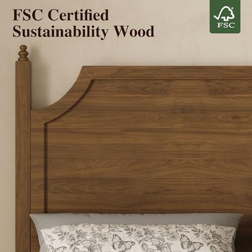 Belffin Wood Queen Size Bed Frame with Vintage Curved Headboard, Brown