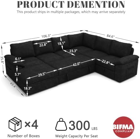 106'' Modular Sectional Sofa with Pull Out Bed, Sleeper Sofa, Black