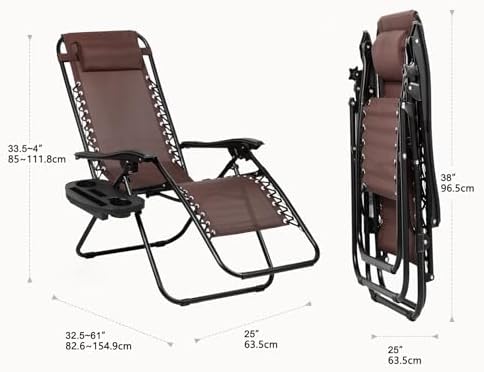 Nazhura Set of 2 Relaxing Recliners Patio Chairs Adjustable Steel Mesh Zero Gravity Lounge Chair Beach Chairs with Pillow and Cup Holder Khaki (Brown)