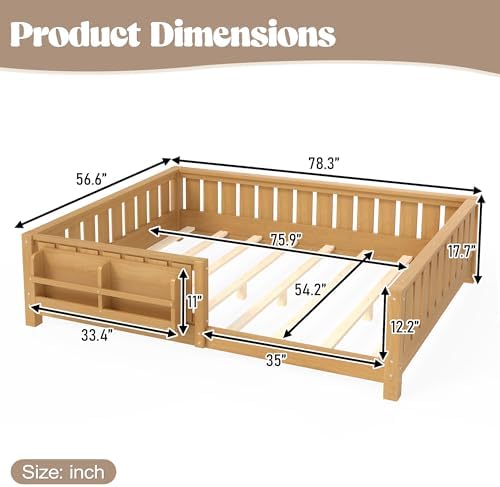 Bellemave Full Floor Bed with Slats and Rails, Full Size Montessori Floor Bed with Bookcase and Fence, Easy Assemble Montessori Beds for Girls, Boys, Deep Natural Floor Beds