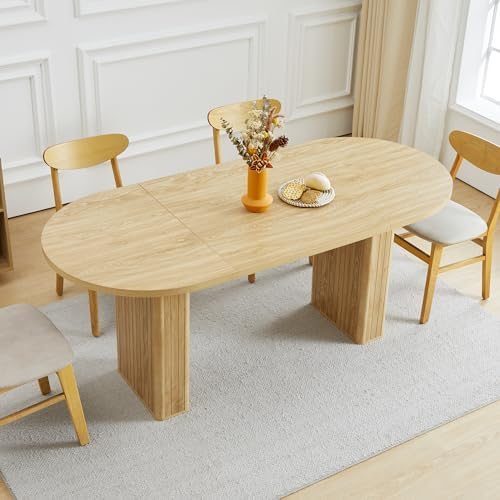 70.8 Inch Kitchen Dining Table for 4-6 People, Oval Kitchen Table with Wood Strip Base, Modern Farmhouse Large Round Dining Room Tables for Living Room (Natural)