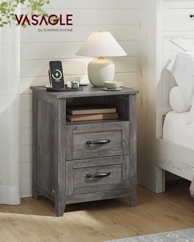 VASAGLE Farmhouse Nightstand with Charging Station, 2 Drawers