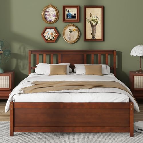 GIANTEX Full Size Solid Wood Platform Bed Frame, Mid Century Full Bed Frame with Headboard, Wood Slat Support, Double Panel Bed, No Box Spring Needed, Easy Assembly, Walnut