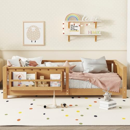 Bellemave Twin Floor Bed with Rails and Slats, Twin Size Montessori Floor Bed with Bookshelf and Fence, Easy Assemble Montessori Beds Frame for Girls, Boys, Deep Natural