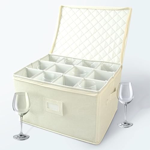 storageLAB Wine Glass Storage Case | Hard Shell Felt Dividers | Cream