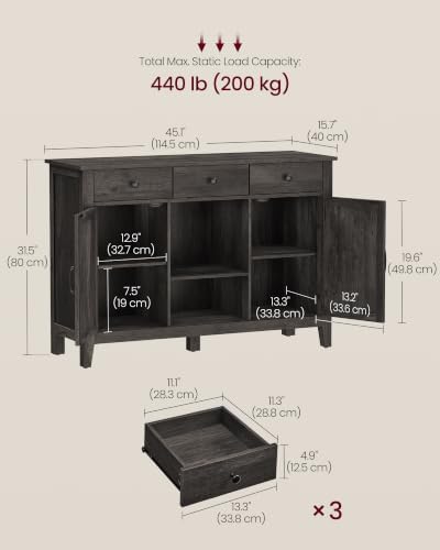 VASAGLE Buffet Cabinet, Coffee Bar with 3 Drawers, Adjustable Shelf