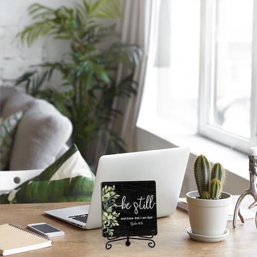 Inspirational Christian Desk Decor, Be Still And Know That I Am God Sign, Desk Decorations For Office Home Living Room Bathroom, Eucalyptus Shelf Decor, Wooden Plaque With Stand (01)