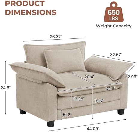 Oversized Accent Chairs Set of 2,44" Modern Living Room Chairs,Chenille Upholstered Armchair with Extra Thick,Comfy Cloud Sofa Chairs Side Chairs Reading Chairs for Bedroom Apartment,Khaki
