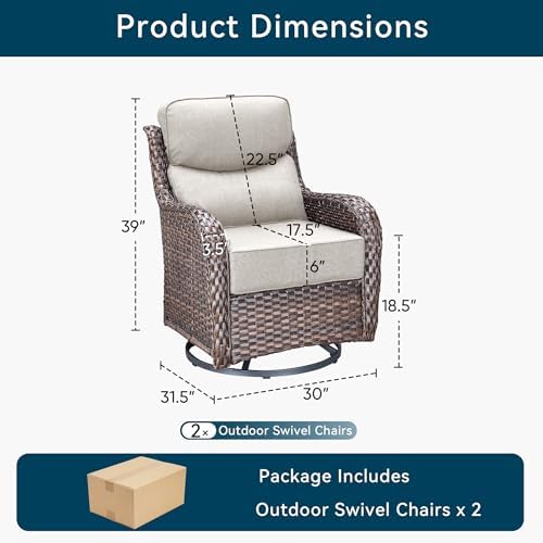 Luxury Wicker Patio Furniture Set-High Back Outdoor Swivel Chairs Set of 2 with 6" Thick Cushions Wide Armrest All Weather Patio Conversation Sets for Deck Porch Balcony(Brown/Beige)