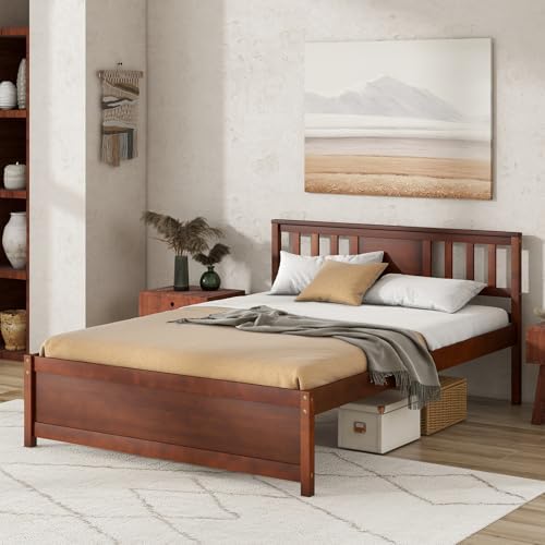 GIANTEX Full Size Solid Wood Platform Bed Frame, Mid Century Full Bed Frame with Headboard, Wood Slat Support, Double Panel Bed, No Box Spring Needed, Easy Assembly, Walnut