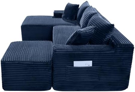 95-Inch U-Shaped Left Facing Corner Compressed Sofa Modular Sectional Boneless Cloud Sofa Floor Foam Couch W/Chaise Lounge & Ottoman, Corduroy Corner Boneless Cloud Couch
