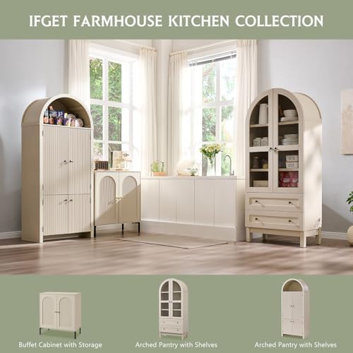 IFGET 71" Tall Arched Kitchen Pantry, Kitchens Storage Cabinets, Cream