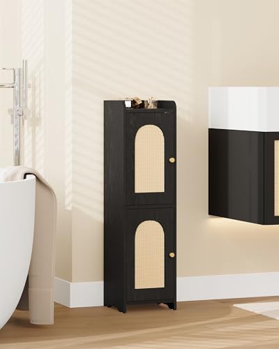 Hzuaneri Bathroom Storage Cabinet, Small Corner Floor Cabinet with 2 Doors | Narrow Toilet Paper Cabinets with Adjustable Shelf, Bathroom Organizer for Small Spaces, 7.9"D x 7.9"W x 29.5"H Rattan Black